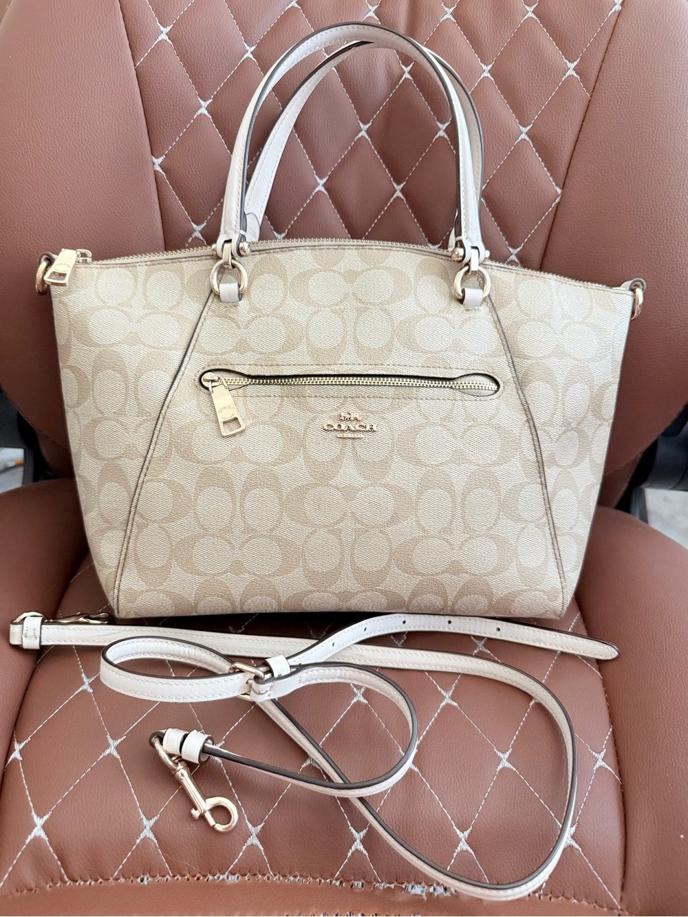 Coach Beige Signature Satchel with Removable Strap
